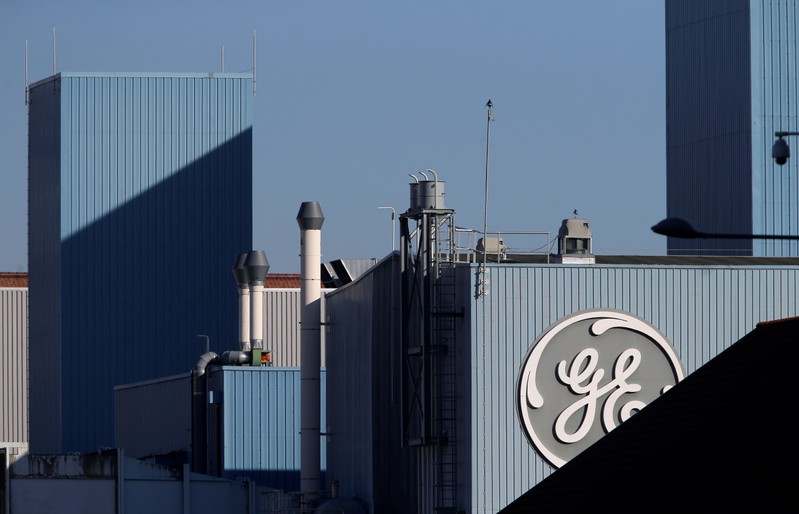 The logo of US conglomerate General Electric is pictured at the company's site of its energy branch in Belfort