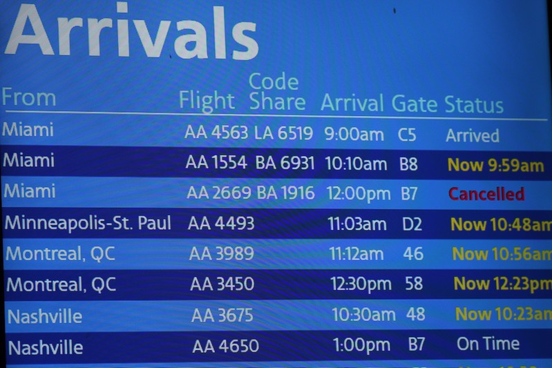 An American Airlines arrivals board displaying American Airlines flight 2669, which was scheduled to be flown by a Boeing 737 Max 8, arriving from Miami to New York City at LaGuardia Airport, is seen as cancelled, in New York