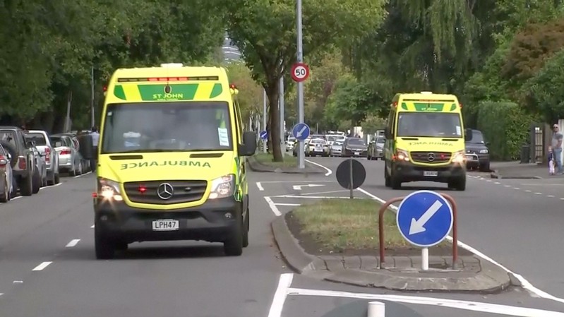 Video grab of ambulances driving along a street after reports that several shots had been fired at a mosque, in central Christchurch