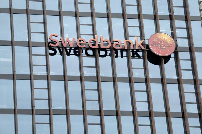 FILE PHOTO: Swedbank's logo on its Lithuanian headquarters in Vilnius