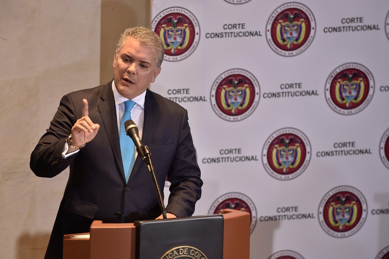 Colombian President Ivan Duque speaks during a hearing at the Constitutional Court in Bogota