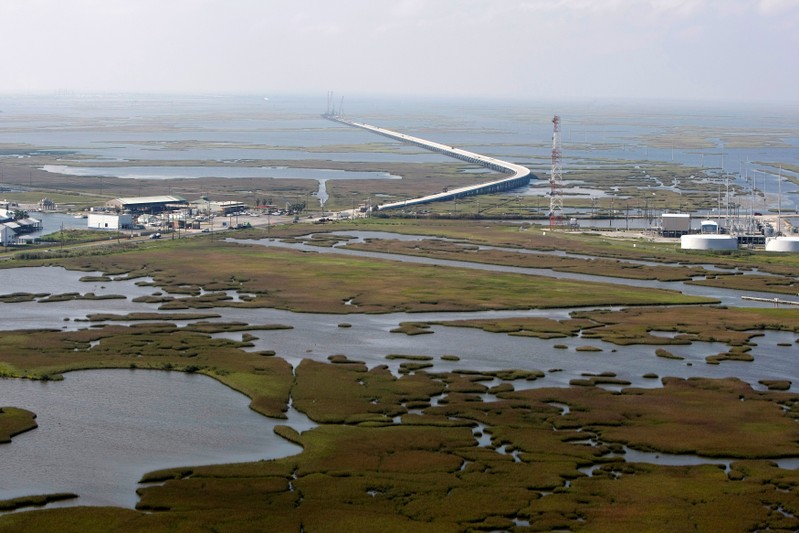 FILE PHOTO: An aerial view is seen of the town of Port Fourchon and its surrounding marshes in Louisiana