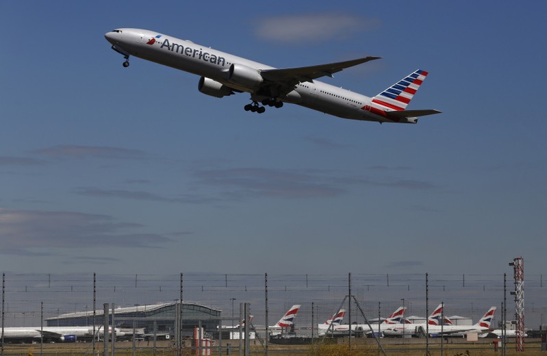 An American Airlines airplane takes off from Heathrow airport in London