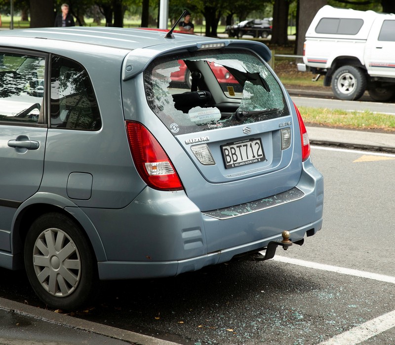 Shattered car window following a shooting at the Al Noor mosque in Christchurch