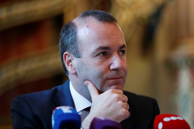 European conservative party leader Manfred Weber gives a news conference inside the main synagogue in Budapest
