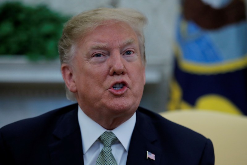 U.S. President Trump speaks while meeting with Ireland's Prime Minister Varadkar at the White House in Washington