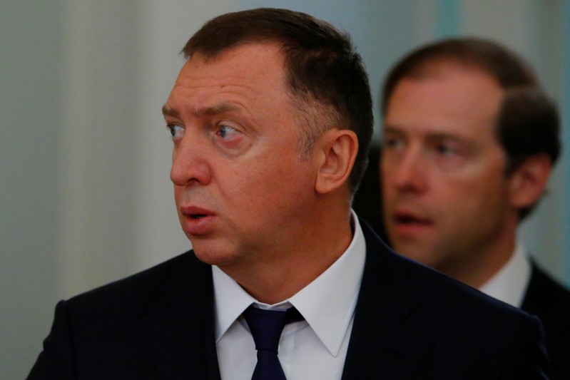 Russian aluminium tycoon Deripaska and Industry and Trade Minister Manturov arrive for the talks of Russian President Putin with South Korean President Moon in Moscow
