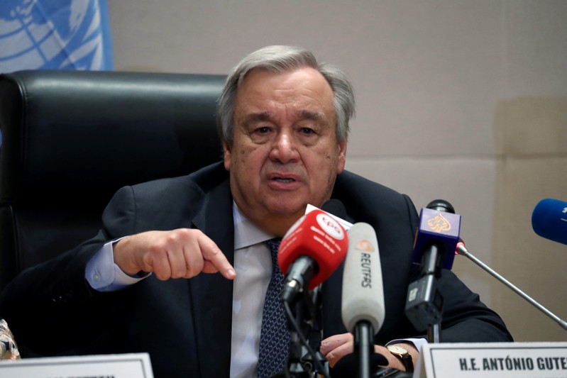 Antonio Guterres, United Nations Secretary General, speaks at a news conference at the 32nd Ordinary Session of the Assembly of the Heads of State and the Government of the African Union in Addis Ababa