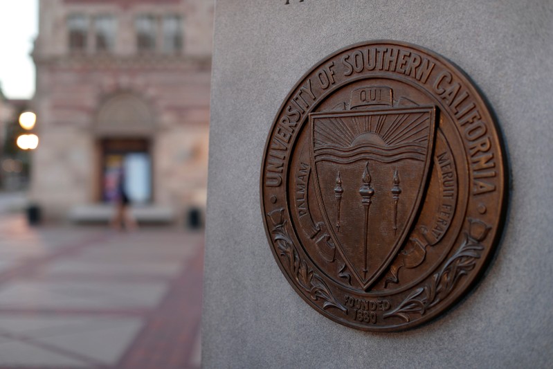 A plaque is pictured at University of Southern California in Los Angeles