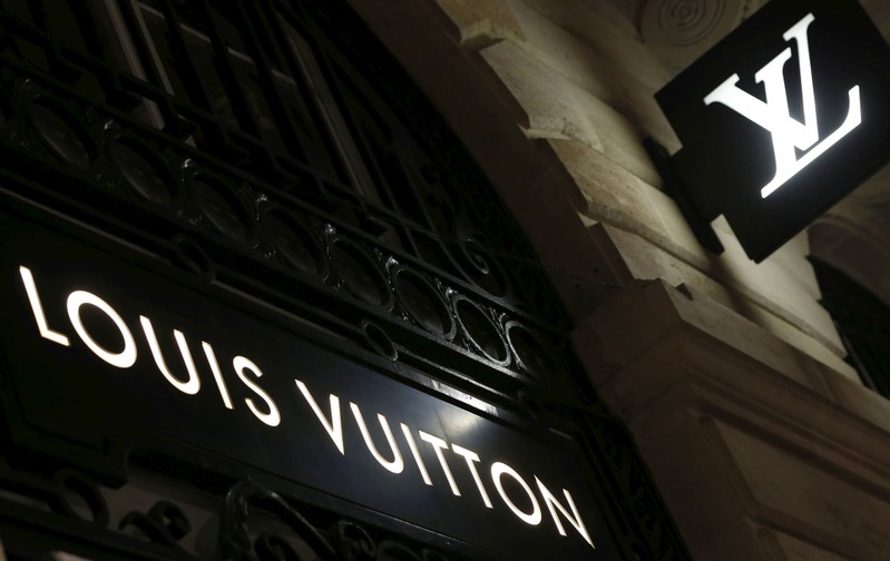 Logos of the Louis Vuitton brand are seen outside a Louis Vuitton store in Bordeaux
