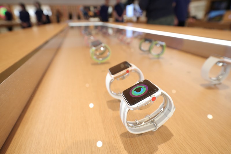 Apple watches are seen at a new Apple store in Chicago