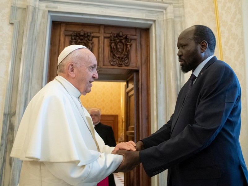 Pope Francis attends an audience with the President of South Sudan Salva Kiir at the Vatican