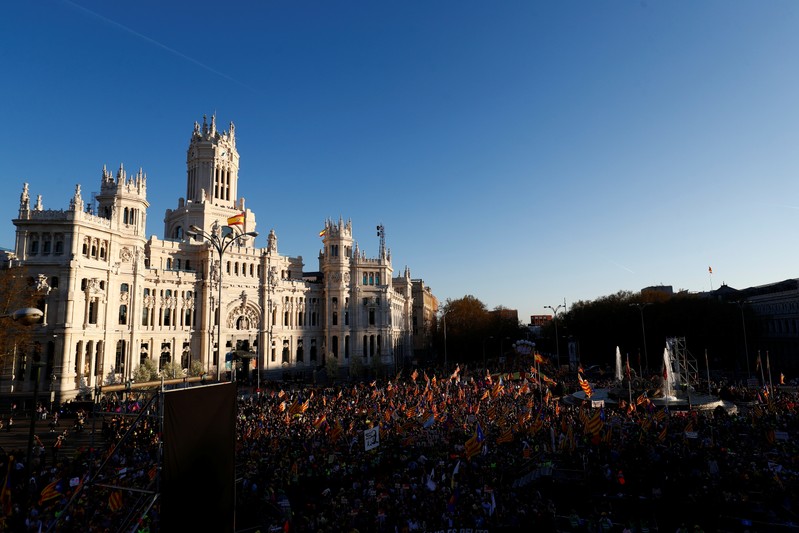People take part in a rally of Catalan separatist organisations in Madrid