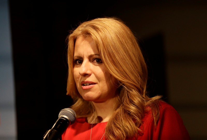 Slovakia's presidential candidate Caputova speaks after the first unofficial results at a party election headquarters in Bratislava