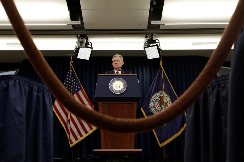 Federal Reserve Board Chairman Jerome Powell holds a news conference after a Federal Open Market Committee meeting in Washington