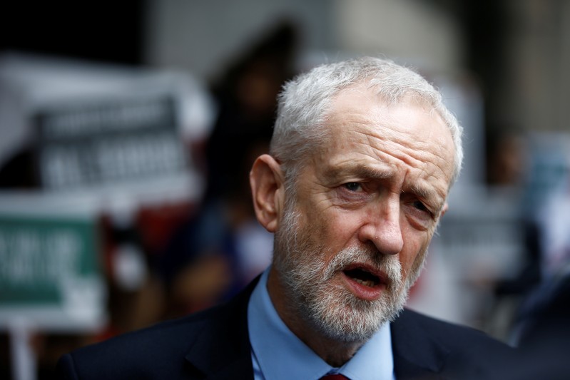 Britain's opposition Labour Party leader Jeremy Corbyn speaks to the media outside New Zealand House in London