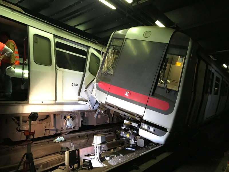 Mass Transit Railway (MTR) trains collide near Central station during signal system trial in Hong Kong