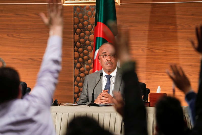 Algeria's newly appointed prime minister, Noureddine Bedoui, holds a joint news conference with deputy prime minister Ramtane Lamamra, in Algiers,