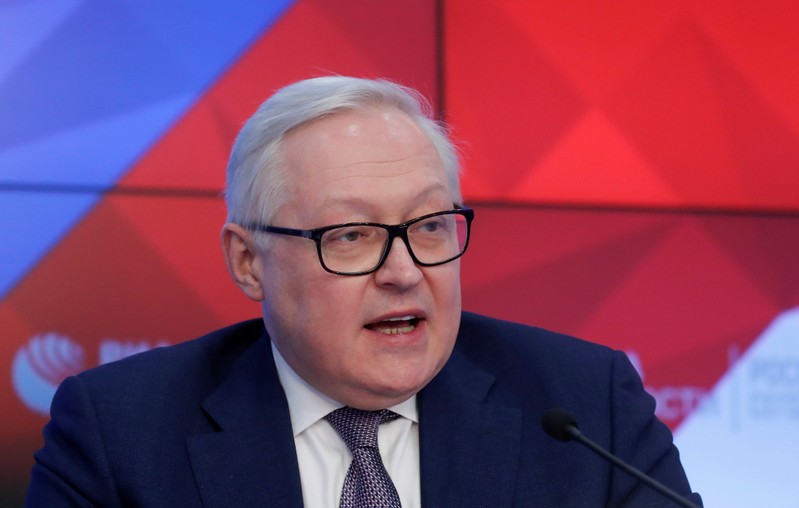 Russian Deputy Foreign Minister Ryabkov speaks during a news conference in Moscow