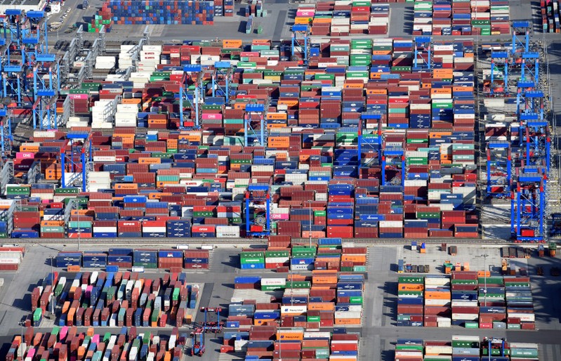 Aerial view of containers at a loading terminal in the port of Hamburg