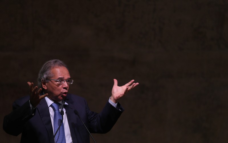 Brazil's Economy Minister Paulo Guedes talks during a seminar in Rio de Janeiro
