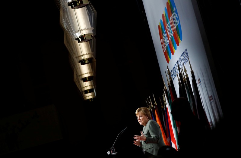German Chancellor Angela Merkel gives a speech at the annual Global Solutions Summit in Berlin