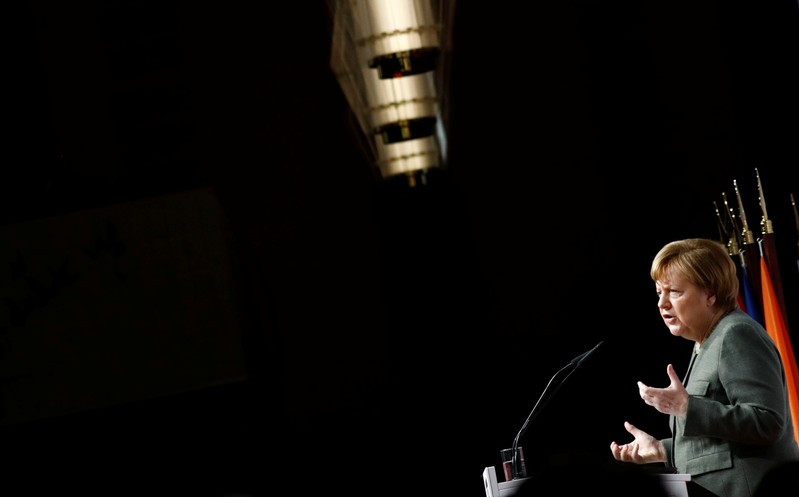 German Chancellor Angela Merkel gives a speech at the annual Global Solutions Summit in Berlin
