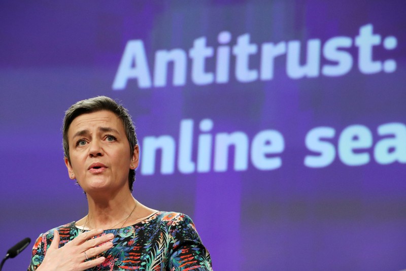 European Competition Commissioner Margrethe Vestager talks to the media at the European Commission headquarters in Brussels