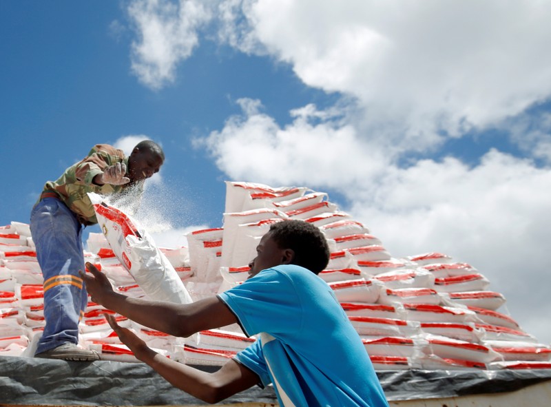 Aid workers offload maize meal for victims of Cyclone Idai at Siverstream Estates in Chipinge