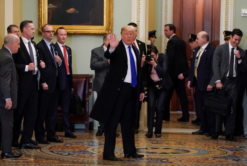 U.S. President Trump departs a closed Senate Republican policy lunch on Capitol Hill in Washington