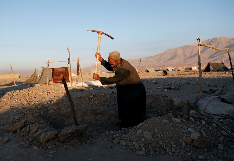 FILE PHOTO - An Afghan man who was internally displaced due to drought digs soil to set up a tent at a refugee camp in Herat province
