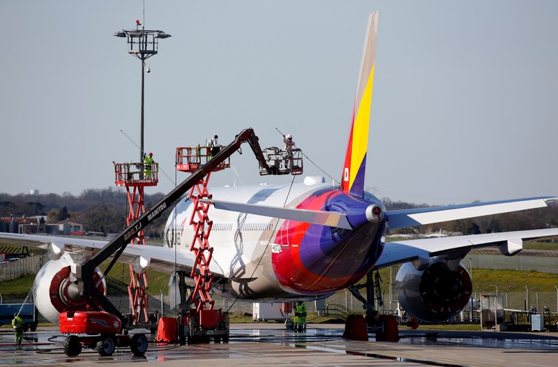 FILE PHOTO: An Asiana Airlines Airbus A350-900 is seen at the Airbus delivery center in Colomiers near Toulouse