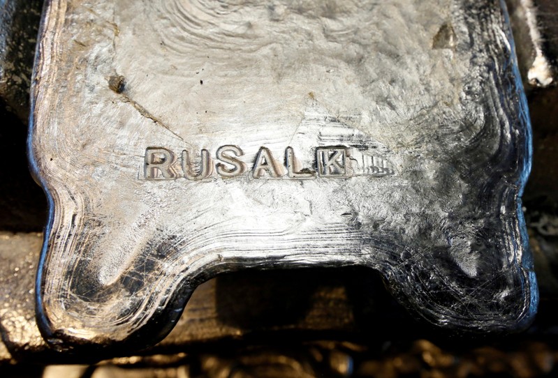 FILE PHOTO: Aluminium ingots are seen stored at the foundry shop of the Rusal Krasnoyarsk aluminium smelter in Krasnoyarsk