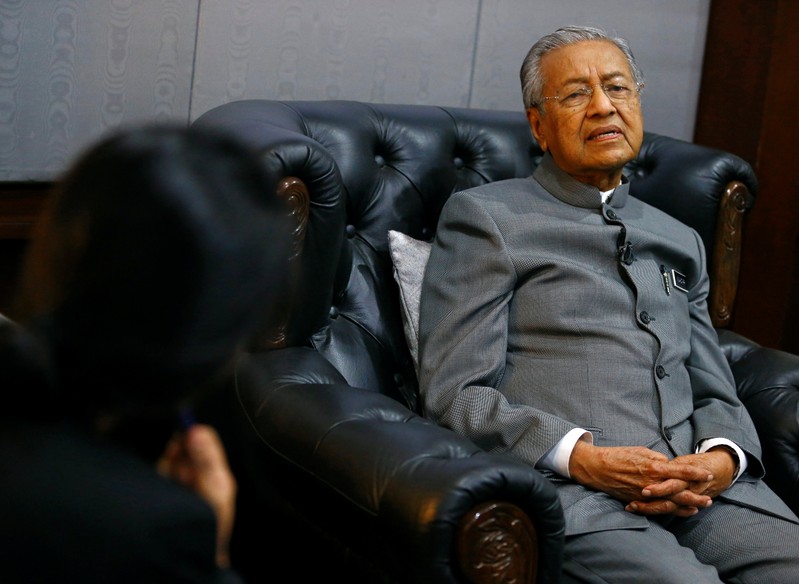 Malaysia's Prime Minister Mahathir Mohamad reacts during an interview with Reuters in Langkawi