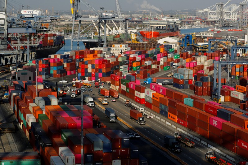 FILE PHOTO: Shipping containers are pictured at Yusen Terminals at the Port of Los Angeles in Los Angeles