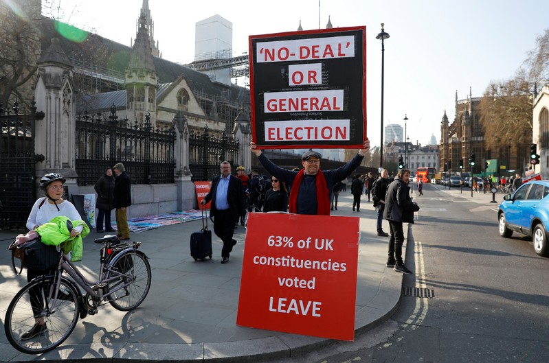 A Brexit supporter demonstrates outside the Parliament in London