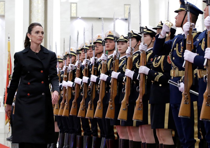 New Zealand Prime Minister Jacinda Ardern attends a welcome ceremony hosted by China's Premier Li Keqiang in Beijing