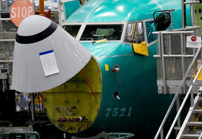 The angle of attack sensor is seen on a 737 Max aircraft at the Boeing factory in Renton