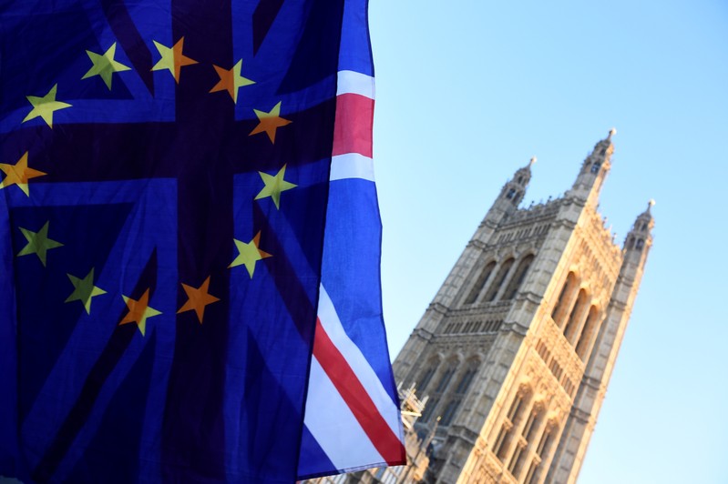 FILE PHOTO: British and EU flags flutter outside the Houses of Parliament in London