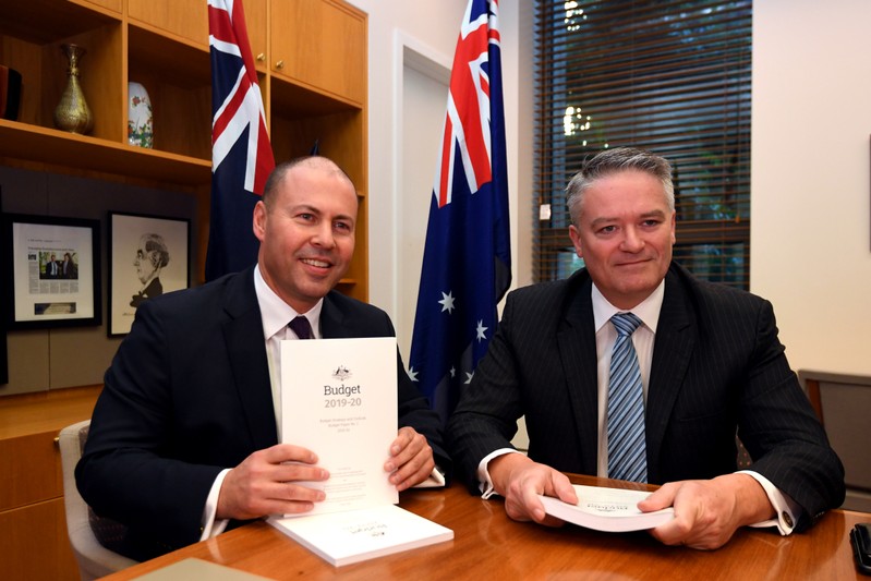 Treasurer Josh Frydenberg poses for a photograph with Minister for Finance Mathias Cormann with the 2019 Budget papers ahead of Budget 2019 at Parliament House in Canberra