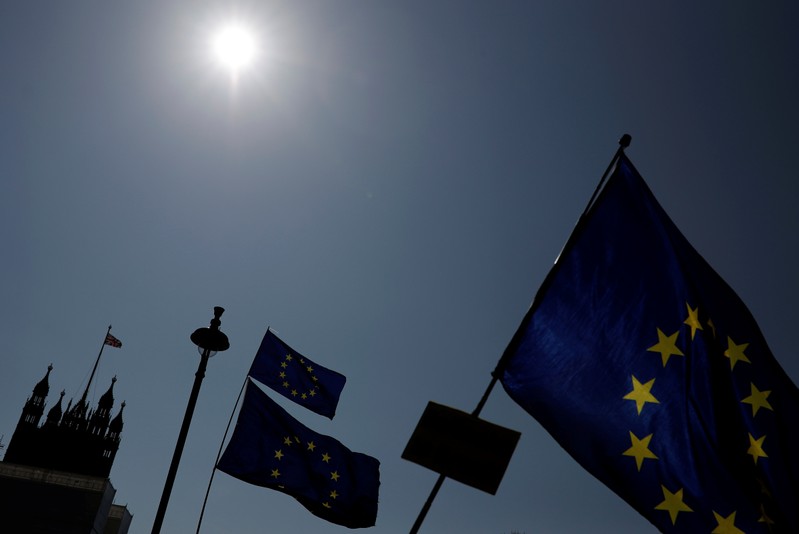 FILE PHOTO: EU flags are seen outside the Houses of Parliament in London