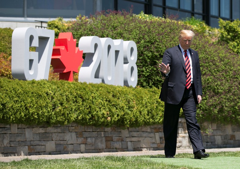 U.S. President Donald Trump arrives for the official welcoming ceremony the G7 Summit in the Charlevoix town of La Malbaie, Quebec, Canada, June 8