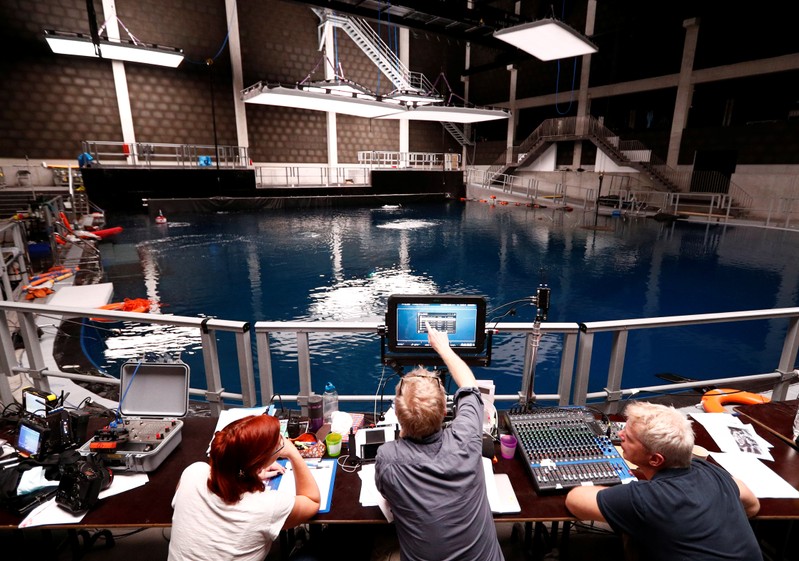 Director and technicians work in the underwater cinema studio