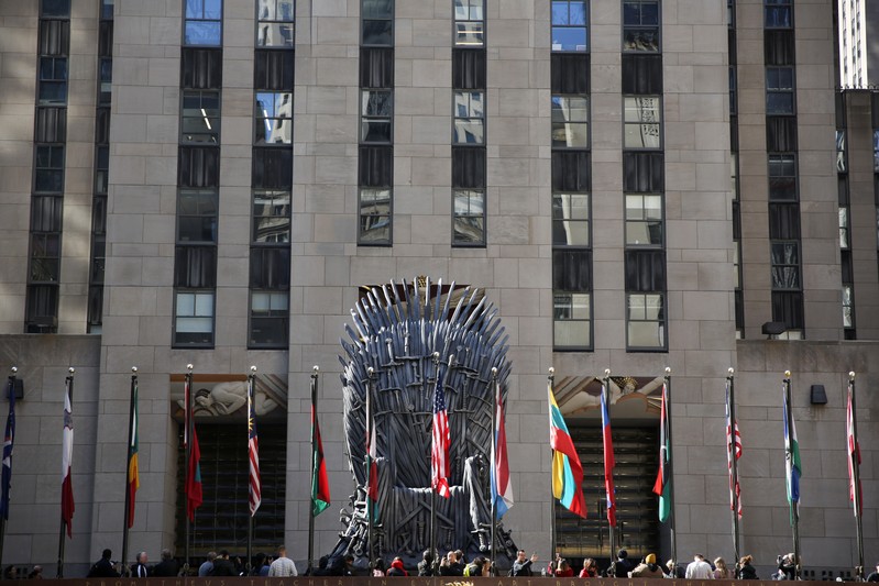 A large replica of the iron throne is seen at Rockefeller Center before the premiere of the final season of