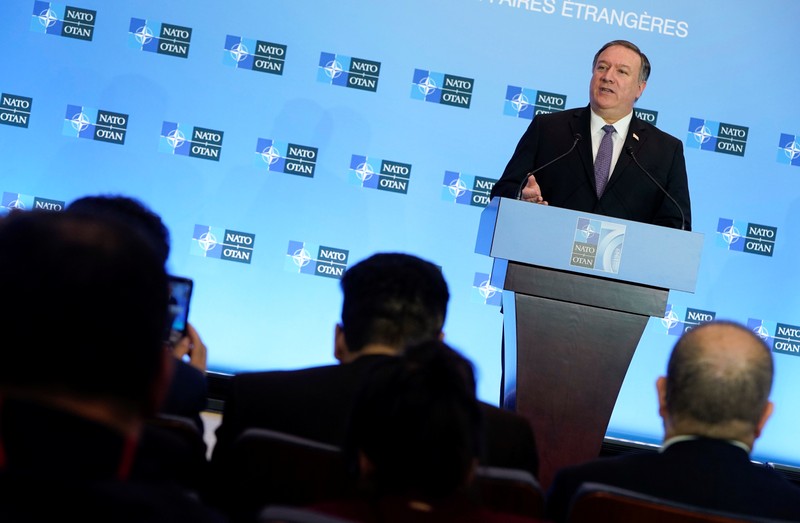 U.S. Secretary of State Pompeo speaks to the media during the NATO Foreign Minister's Meeting in Washington
