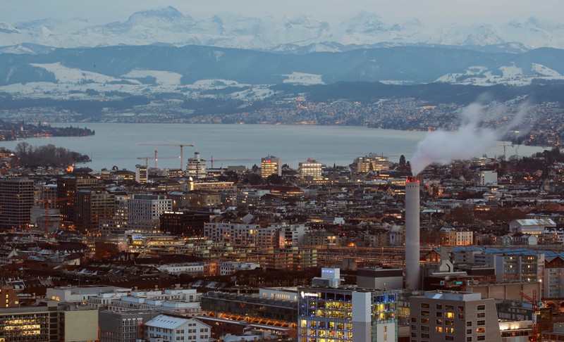 General view shows the eastern Swiss Alps, Lake Zurich and the city of Zurich