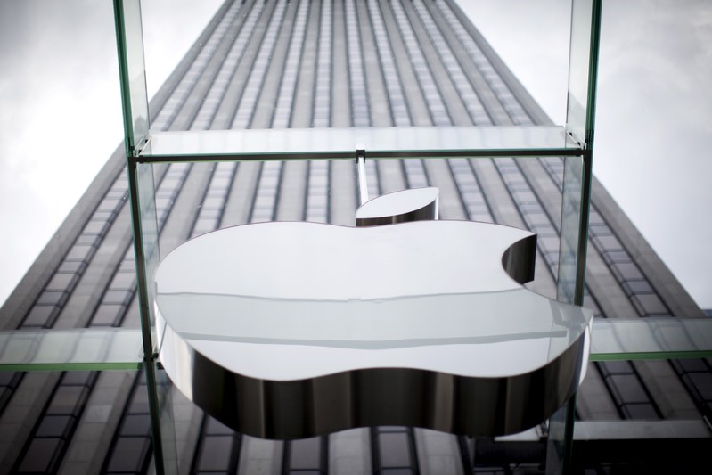 FILE PHOTO: An Apple logo hangs above the entrance to the Apple store on 5th Avenue in the Manhattan borough of New York City