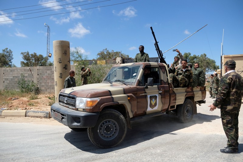 Libyan National Army (LNA) members, commanded by Khalifa Haftar, head out of Benghazi to reinforce the troops advancing to Tripoli, in Benghazi