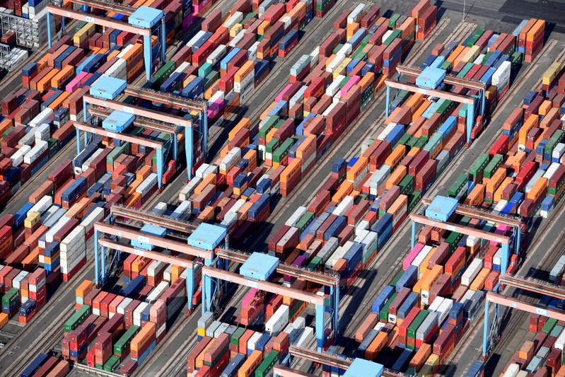 FILE PHOTO: Aerial view of containers at a loading terminal in the port of Hamburg