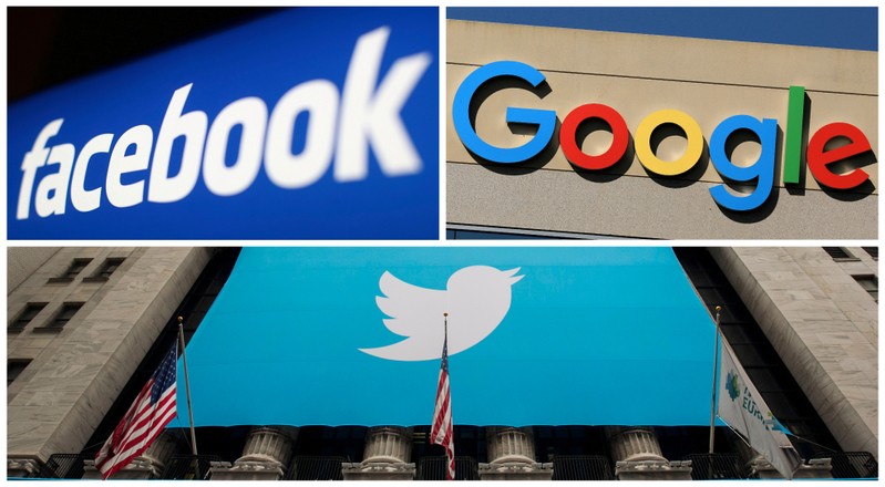 FILE PHOTO: A combination photo of Facebook Google and Twitter logos